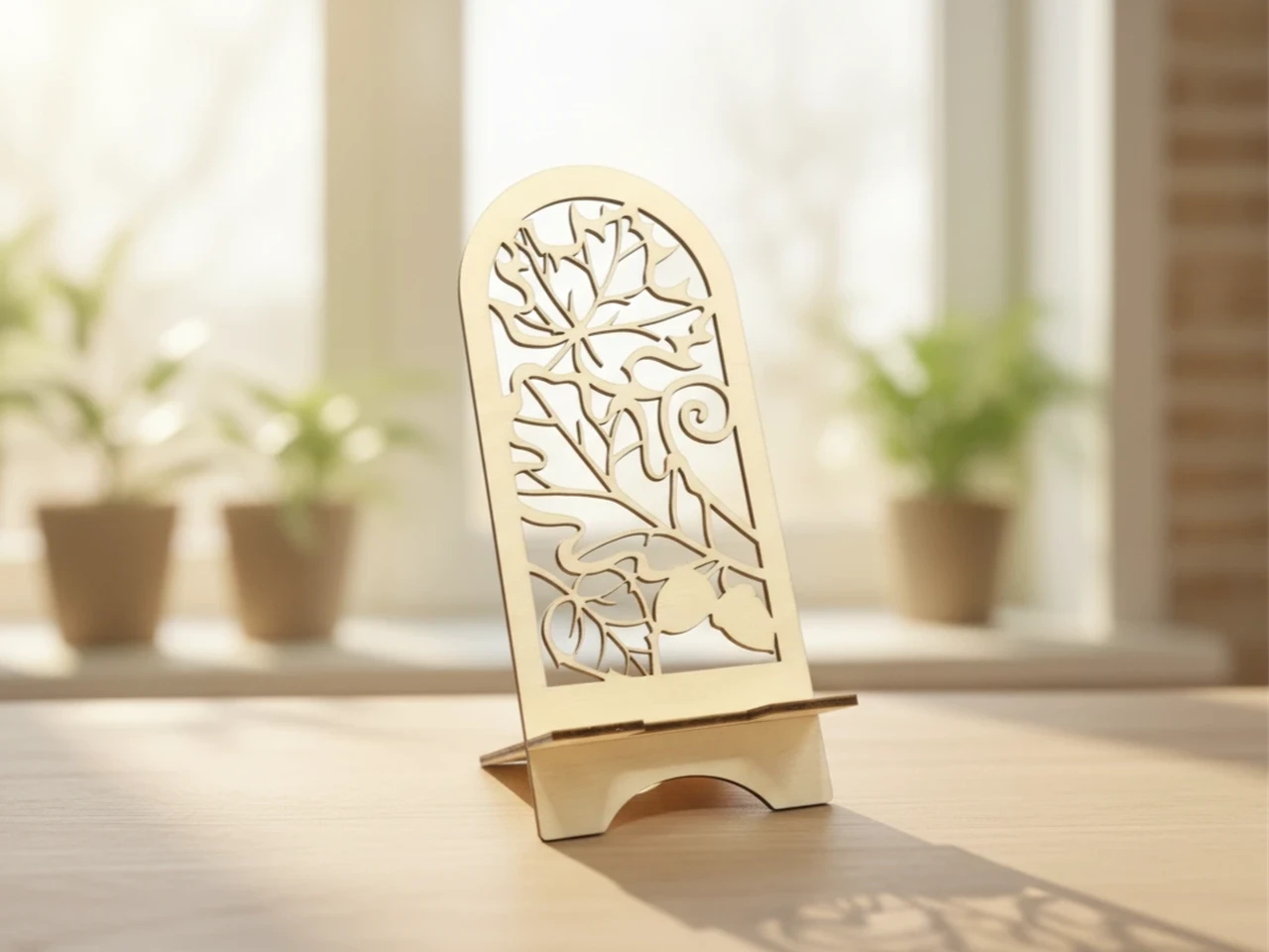 Support téléphone en bois ajouré